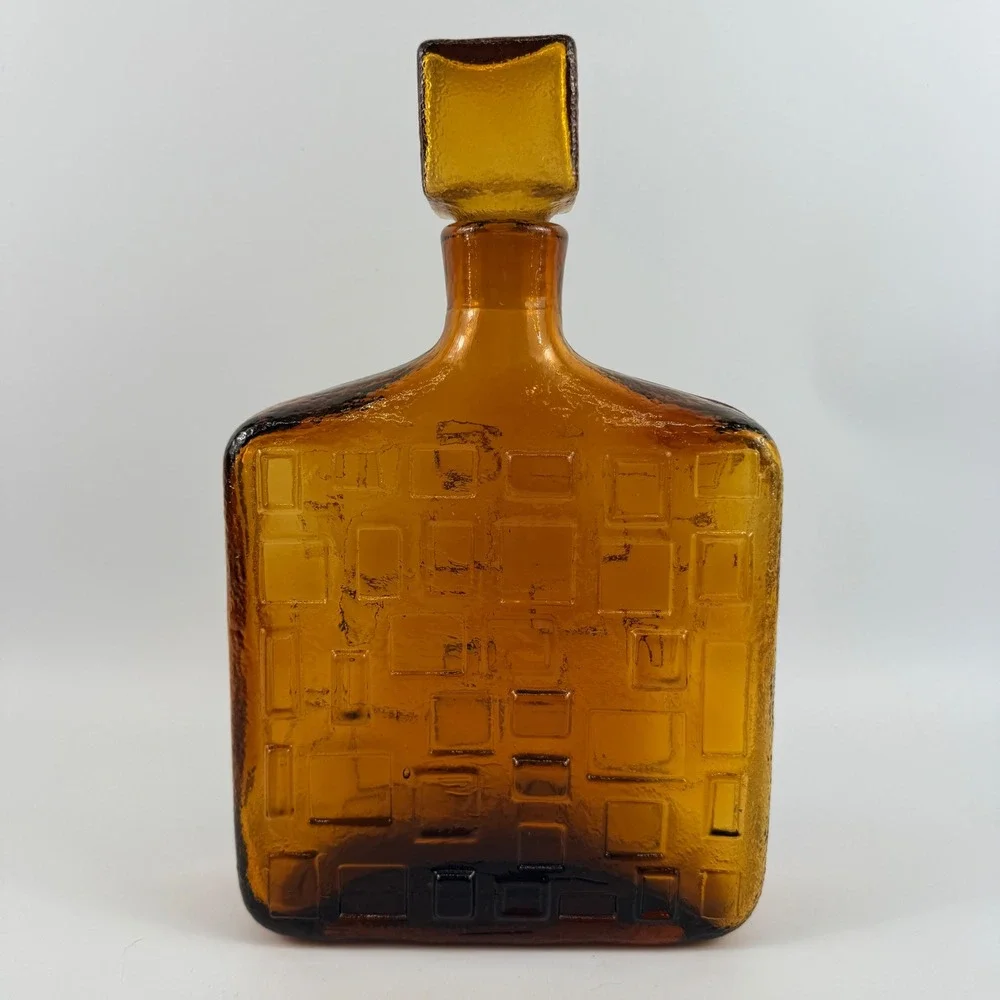 Empoli Brutalist Amber Art Glass Decanter Geometric Bottle Italy MCM